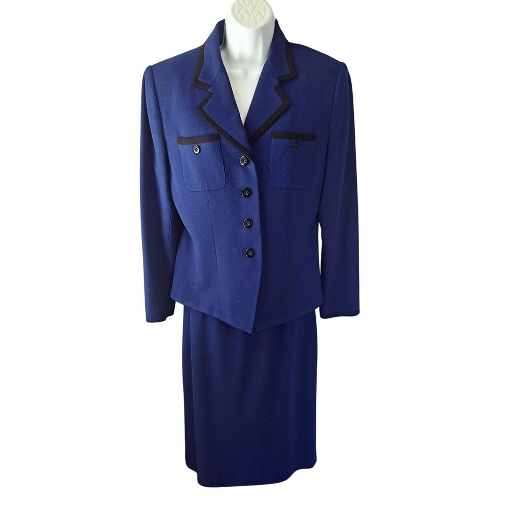 Vintage Kasper ASL Skirt Suit 8 Petite Cobalt Blue Black Velvet Trim Blazer Set